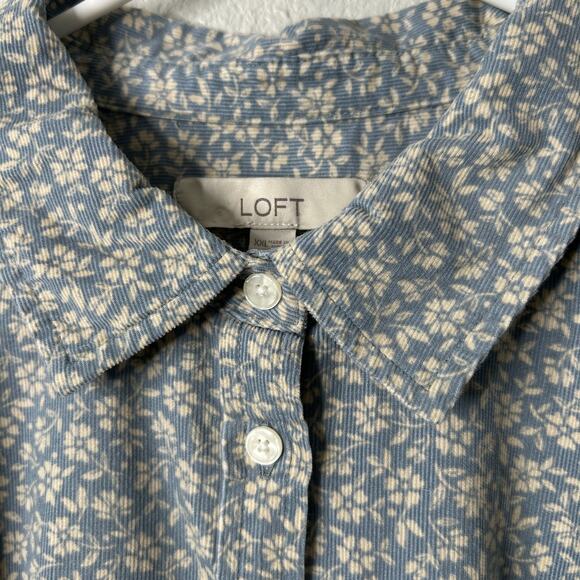 LOFT Floral Corduroy Tunic Button Up Shirt Blue Cream Size XXL - Picture 6 of 8